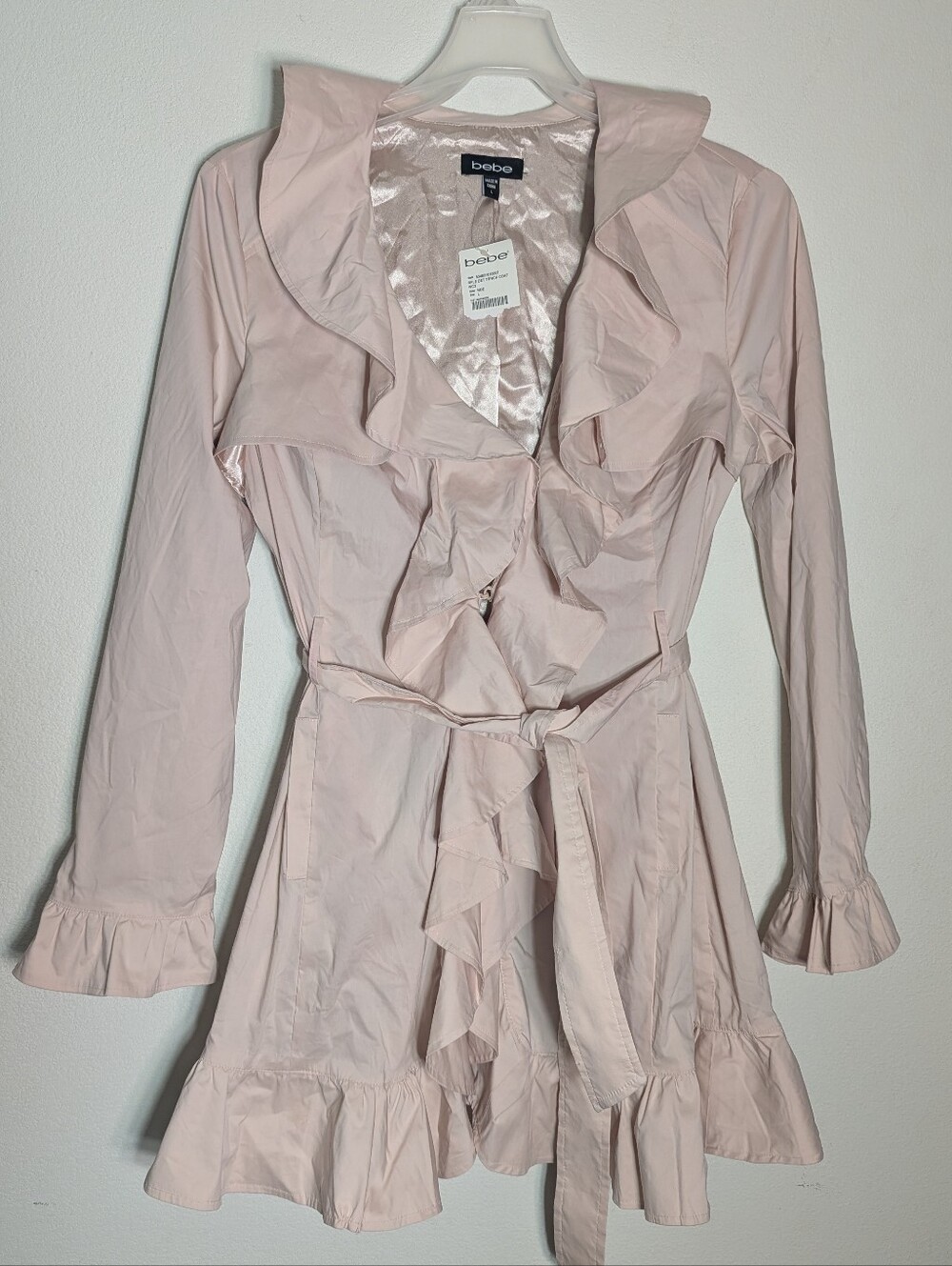 Bebe Womens Trench Rain Coat NWT Frilly Blush Pink Demure Coquette Fairy Large